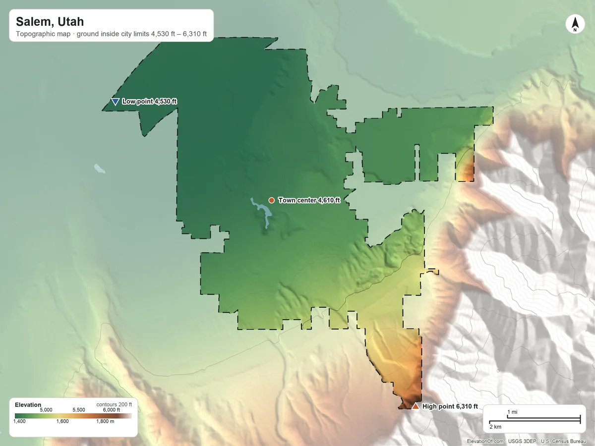 Topographic elevation map of Salem, Utah, shaded from 4,530 ft on the northwest side to 6,310 ft at the foot of the Wasatch Range
