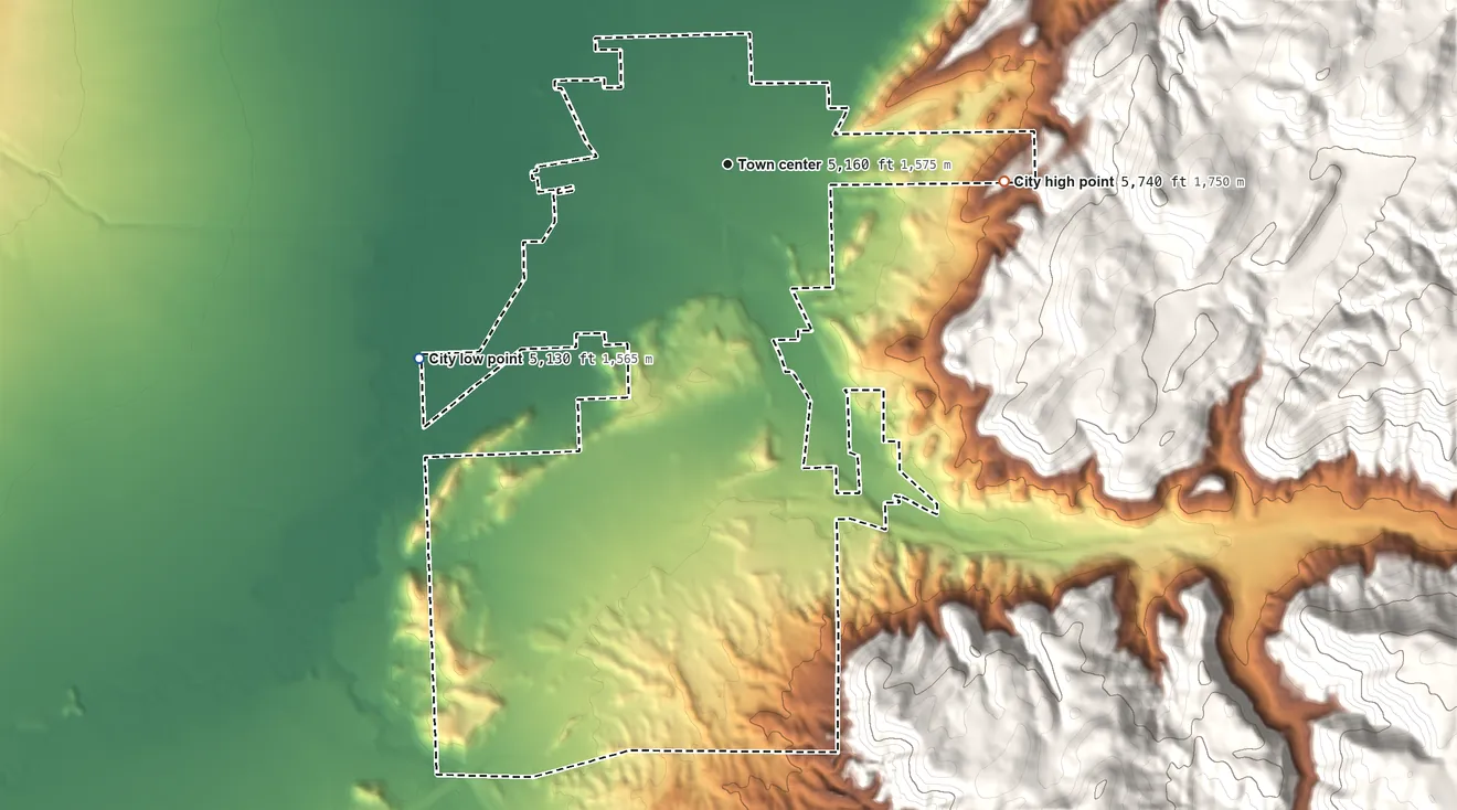 Topographic elevation map of Salina, Utah, shaded from 5,130 ft on the southwest side to 5,740 ft at the foot of the White Hills
