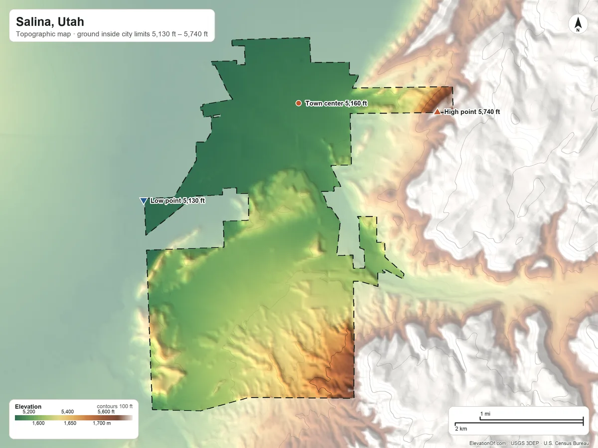 Topographic elevation map of Salina, Utah, shaded from 5,130 ft on the southwest side to 5,740 ft at the foot of the White Hills