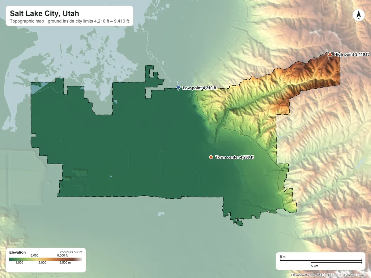 Topographic elevation map of Salt Lake City, Utah, shaded from 4,210 ft on the northwest side to 9,410 ft on Grandview Peak