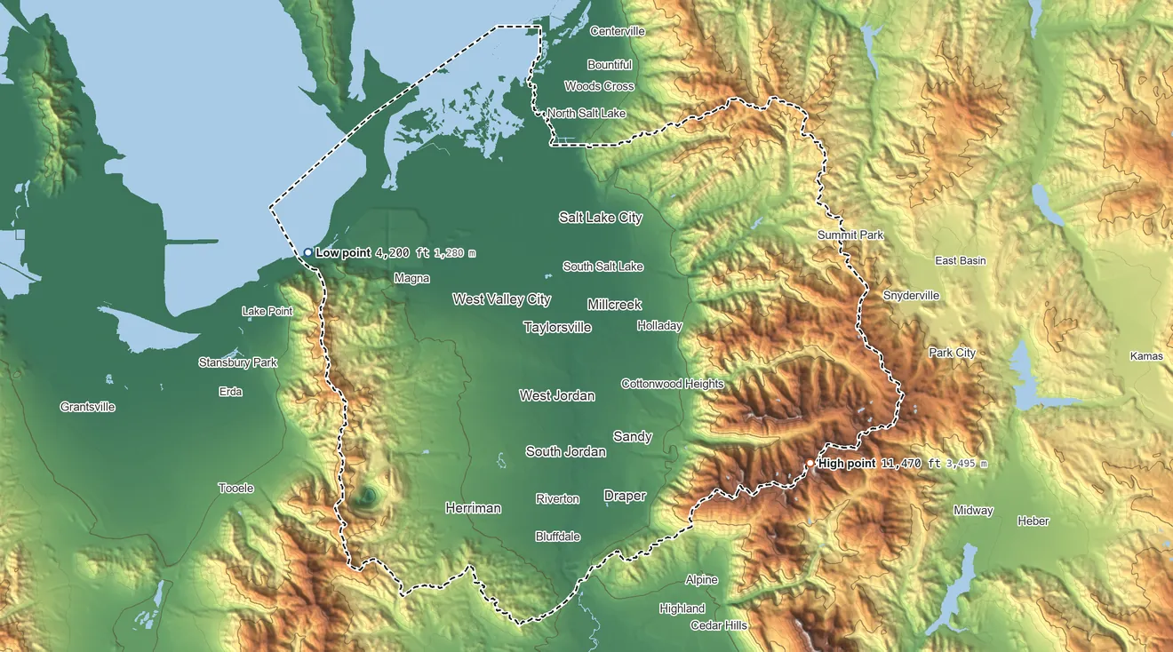 Topographic elevation map of Salt Lake County, Utah, shaded from 4,200 ft on the west side to 11,470 ft on Twin Peaks
