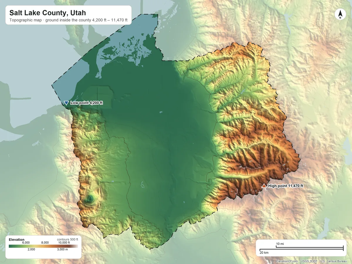 Topographic elevation map of Salt Lake County, Utah, shaded from 4,200 ft on the west side to 11,470 ft on Twin Peaks