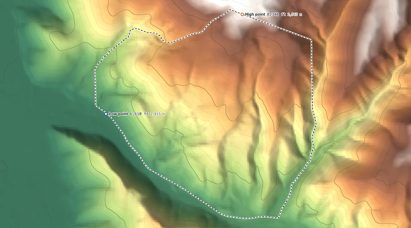 Topographic elevation map of Samak, Utah, shaded from 6,610 ft on the west side to 8,340 ft at the foot of the The West Hills