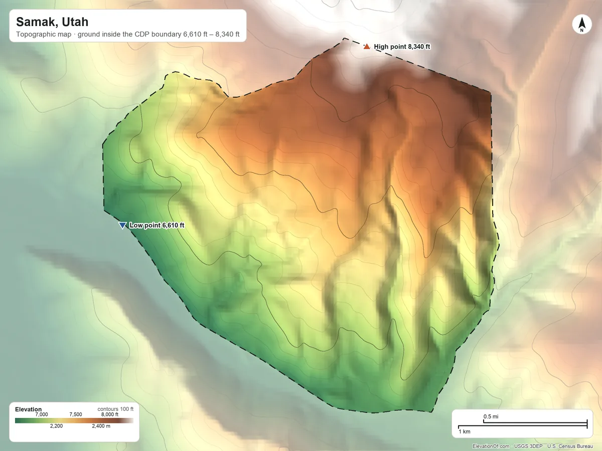 Topographic elevation map of Samak, Utah, shaded from 6,610 ft on the west side to 8,340 ft at the foot of the The West Hills