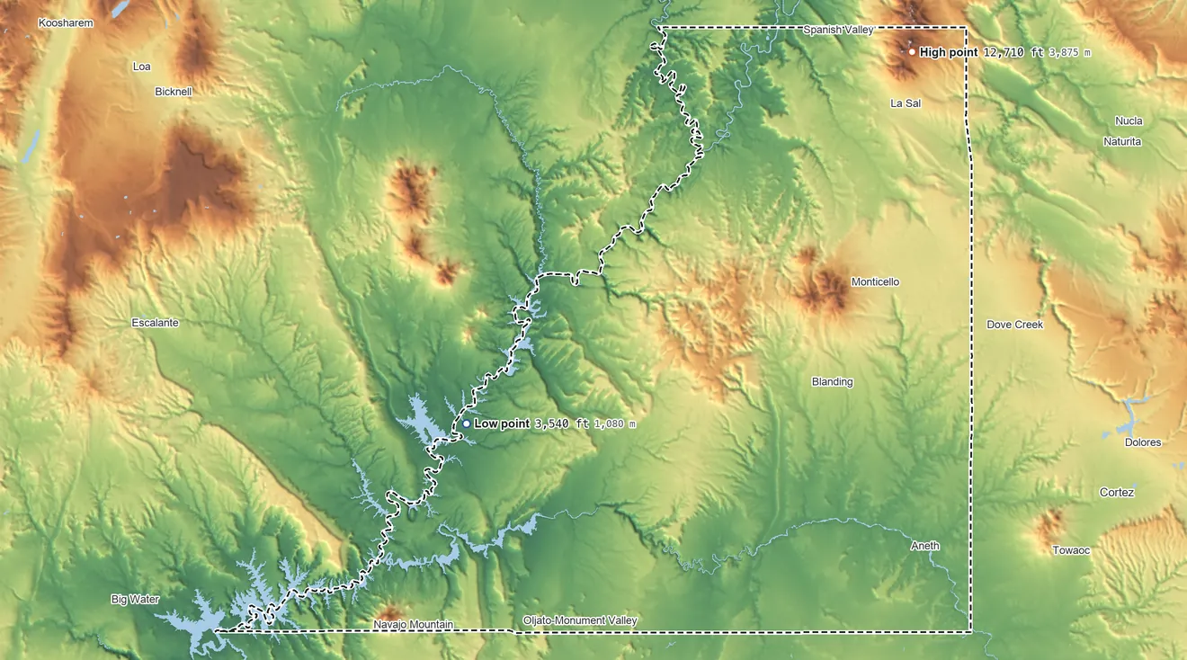 Topographic elevation map of San Juan County, Utah, shaded from 3,540 ft on the southwest side to 12,710 ft on Mount Peale