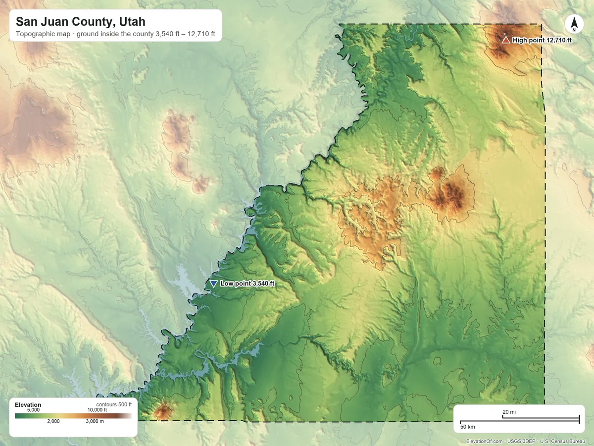 Topographic elevation map of San Juan County, Utah, shaded from 3,540 ft on the southwest side to 12,710 ft on Mount Peale