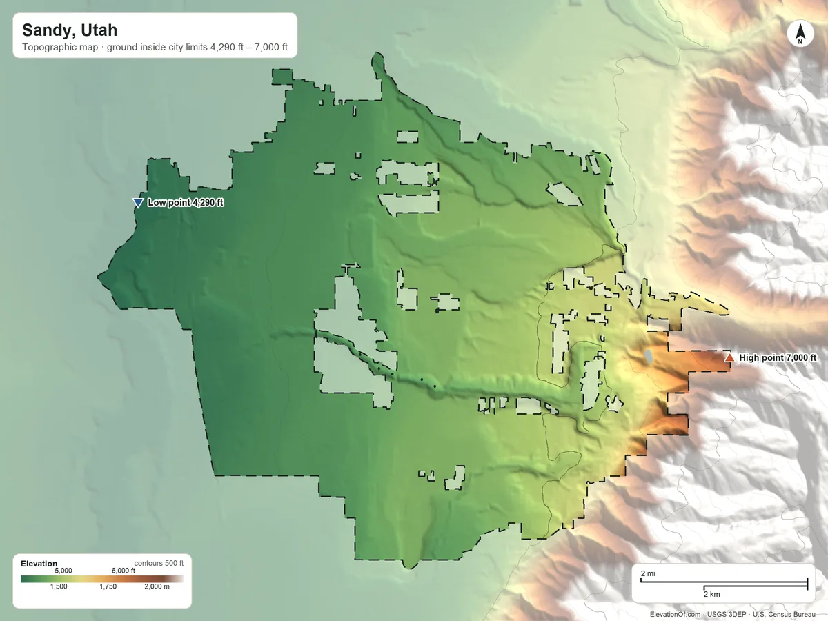 Topographic elevation map of Sandy, Utah, shaded from 4,290 ft on the west side to 7,000 ft at the foot of the Traverse Mountains