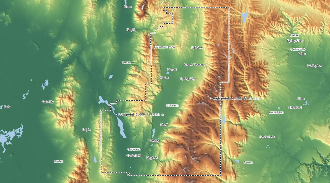 Topographic elevation map of Sanpete County, Utah, shaded from 5,000 ft on the southwest side to 11,288 ft on South Tent Mountain