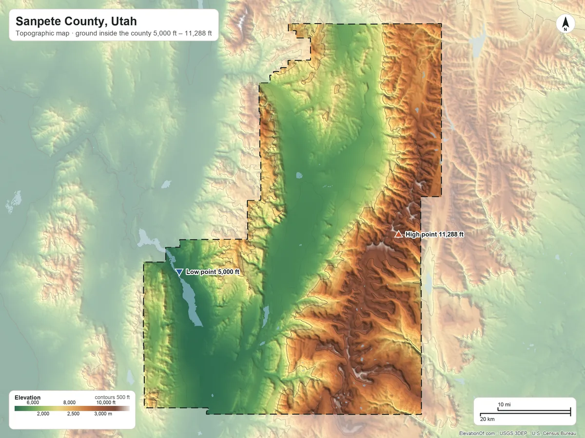 Topographic elevation map of Sanpete County, Utah, shaded from 5,000 ft on the southwest side to 11,288 ft on South Tent Mountain