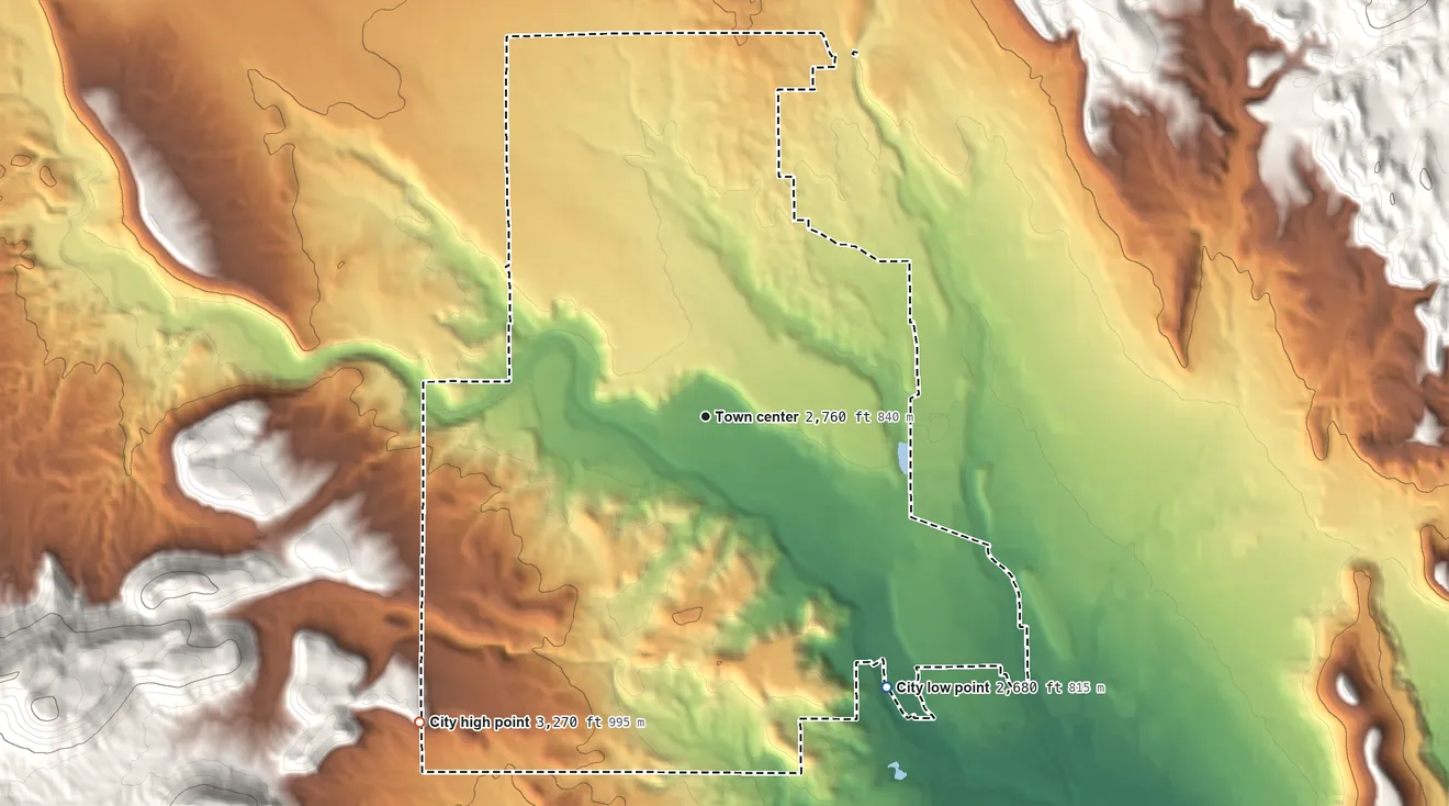 Topographic elevation map of Santa Clara, Utah, shaded from 2,680 ft on the southeast side to 3,270 ft at the foot of the Red Mountains