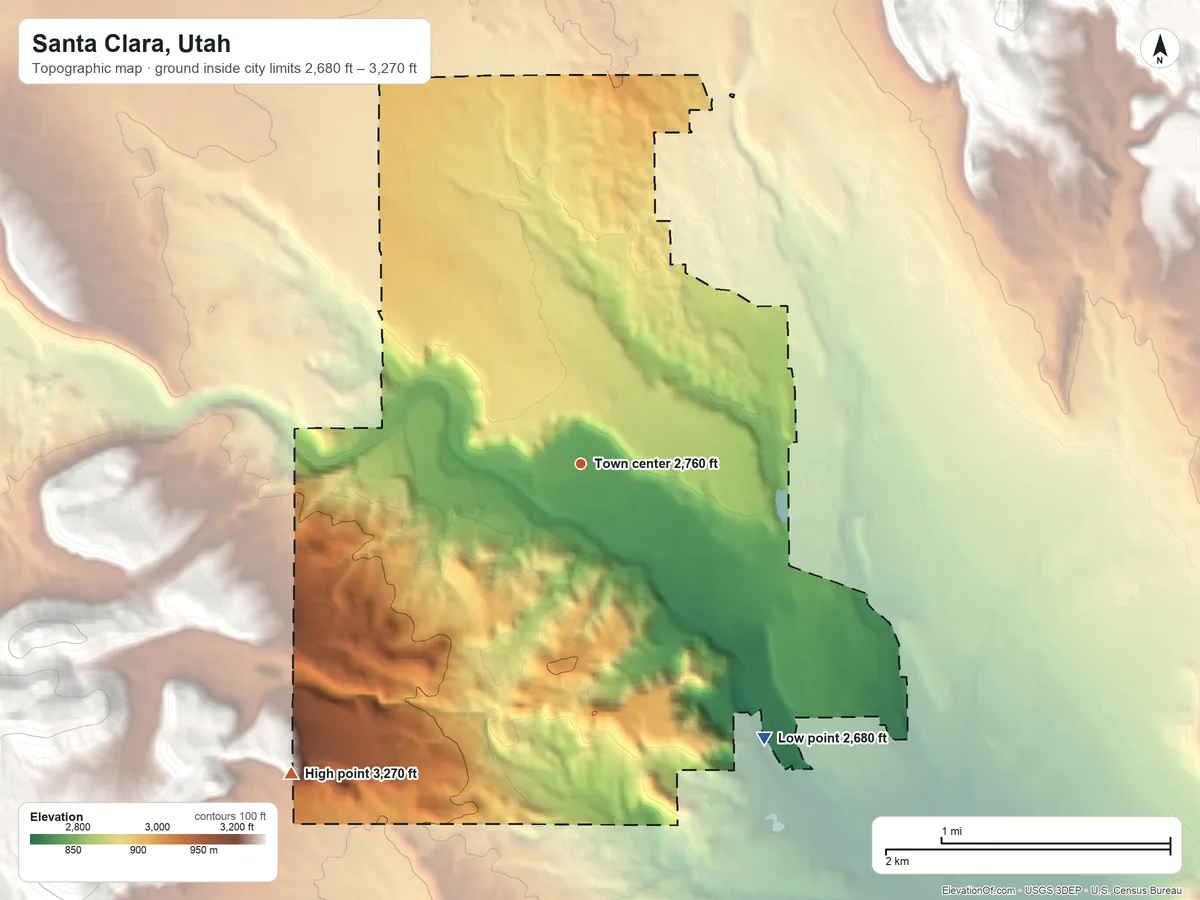Topographic elevation map of Santa Clara, Utah, shaded from 2,680 ft on the southeast side to 3,270 ft at the foot of the Red Mountains