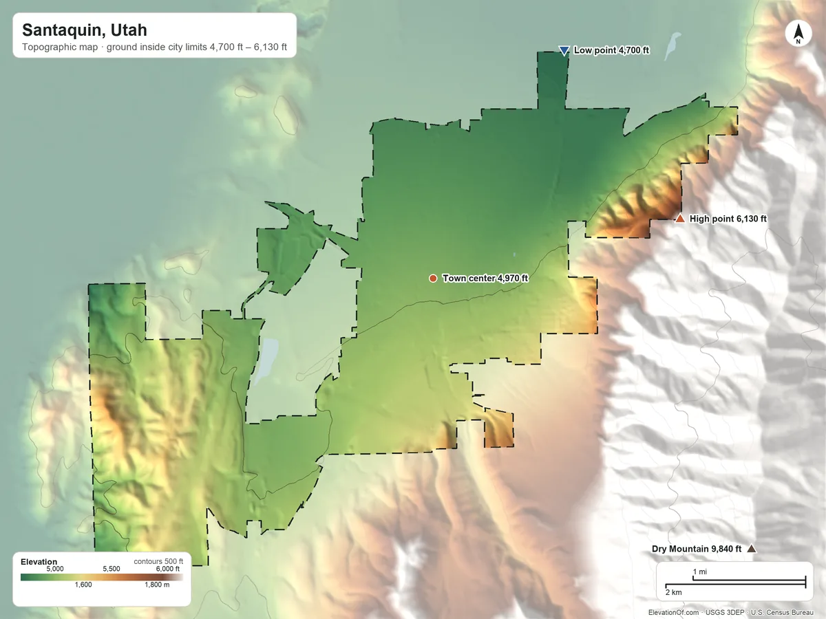Topographic elevation map of Santaquin, Utah, shaded from 4,700 ft on the northeast side to 6,130 ft at the foot of the Wasatch Range