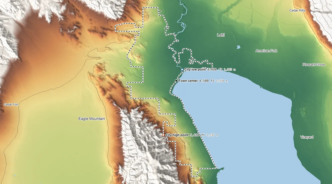 Topographic elevation map of Saratoga Springs, Utah, shaded from 4,480 ft near the middle to 5,690 ft at the foot of Lake Mountains