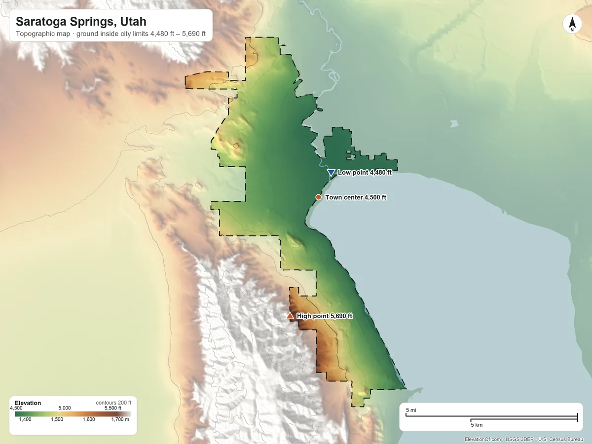 Topographic elevation map of Saratoga Springs, Utah, shaded from 4,480 ft near the middle to 5,690 ft at the foot of Lake Mountains