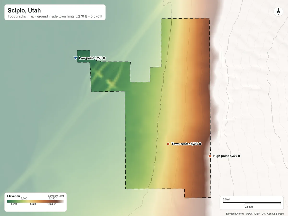 Topographic elevation map of Scipio, Utah, shaded from 5,270 ft on the northwest side to 5,370 ft at the foot of the Valley Mountains