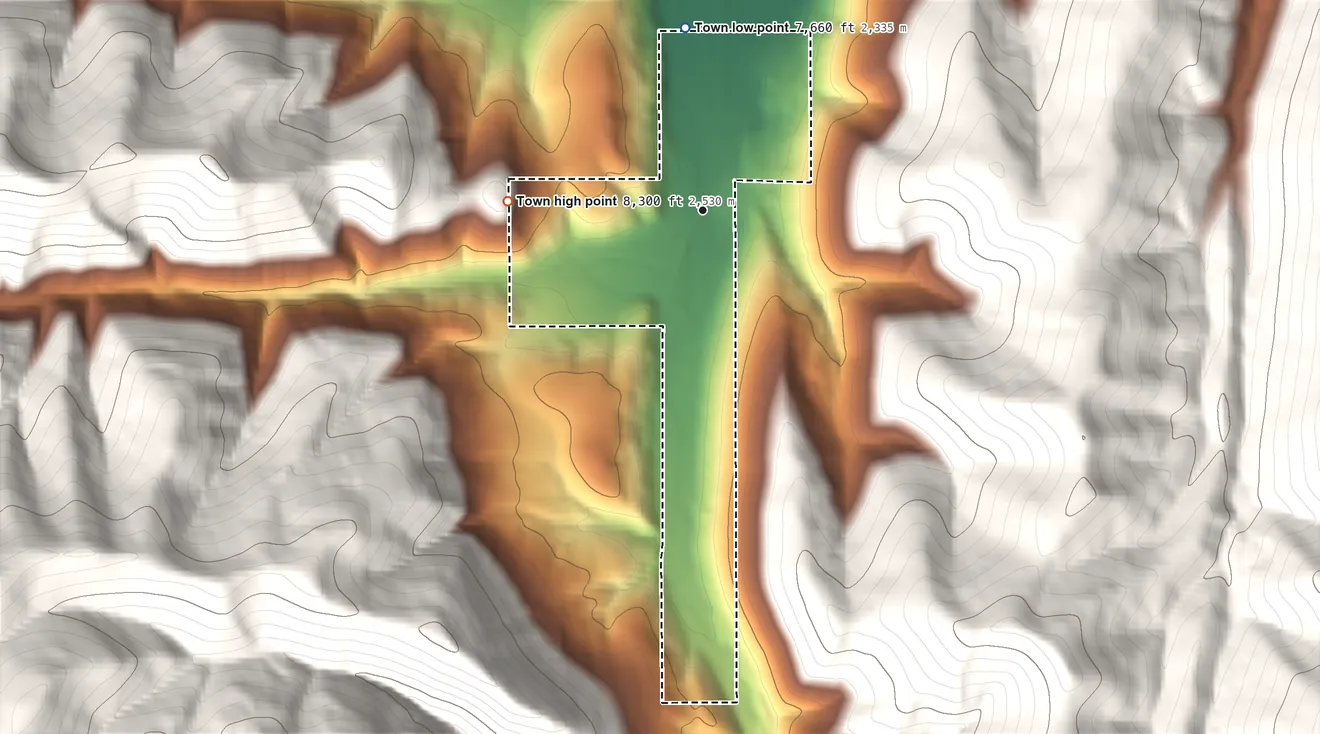 Topographic elevation map of Scofield, Utah, shaded from 7,660 ft on the north side to 8,300 ft on the west edge, below higher ground just outside