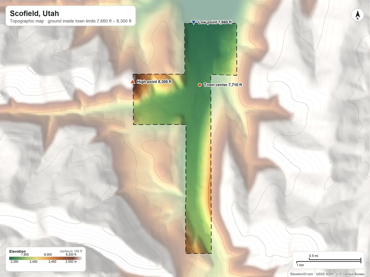 Topographic elevation map of Scofield, Utah, shaded from 7,660 ft on the north side to 8,300 ft on the west edge, below higher ground just outside