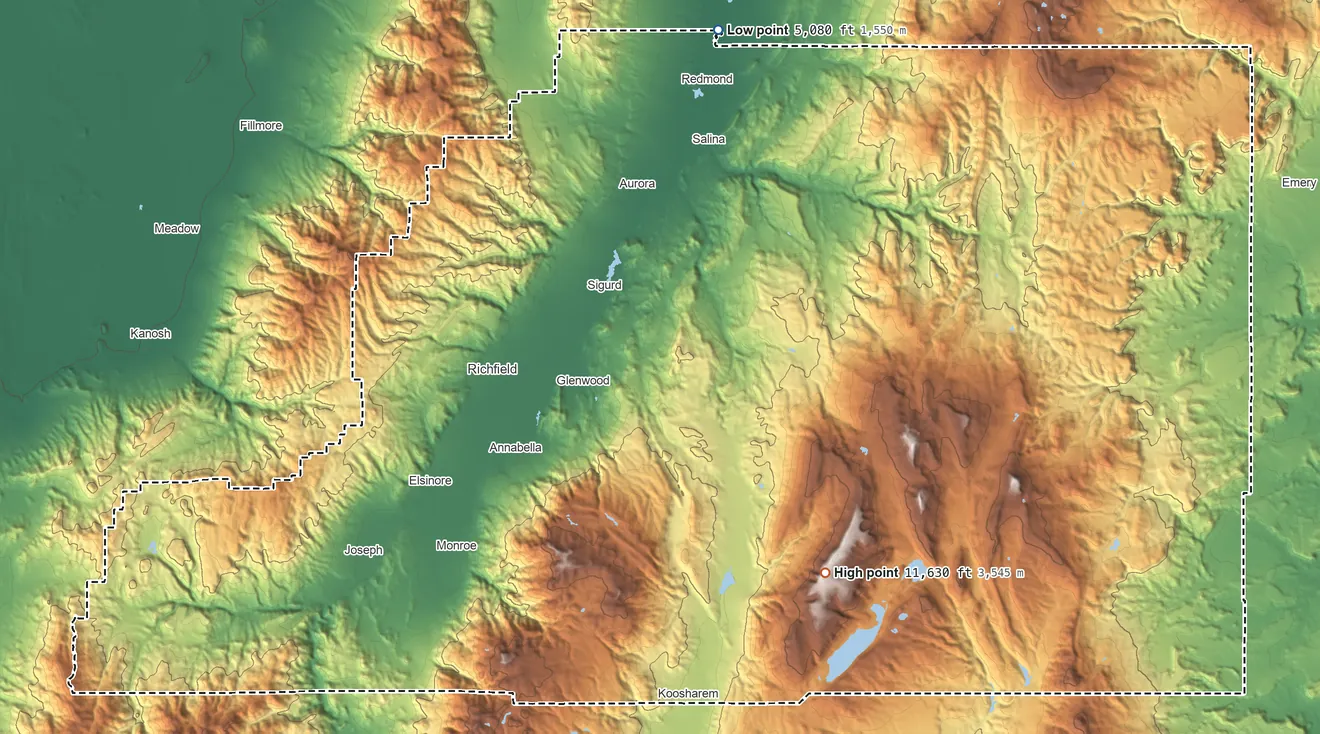 Topographic elevation map of Sevier County, Utah, shaded from 5,080 ft on the north side to 11,630 ft on the southeast side