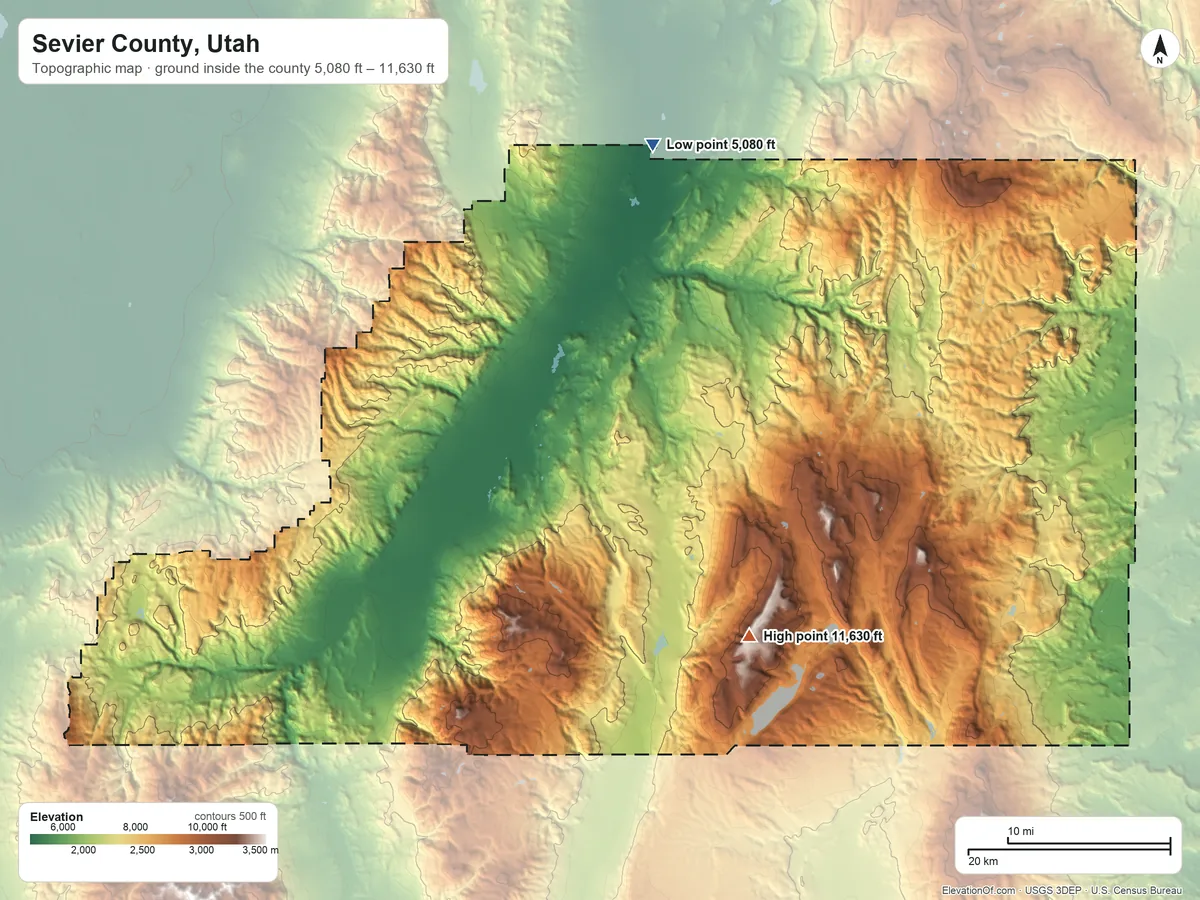 Topographic elevation map of Sevier County, Utah, shaded from 5,080 ft on the north side to 11,630 ft on the southeast side
