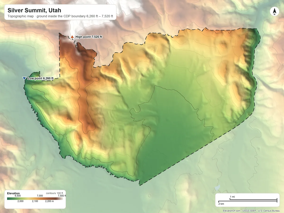 Topographic elevation map of Silver Summit, Utah, shaded from 6,260 ft on the west side to 7,520 ft at the foot of the The West Hills