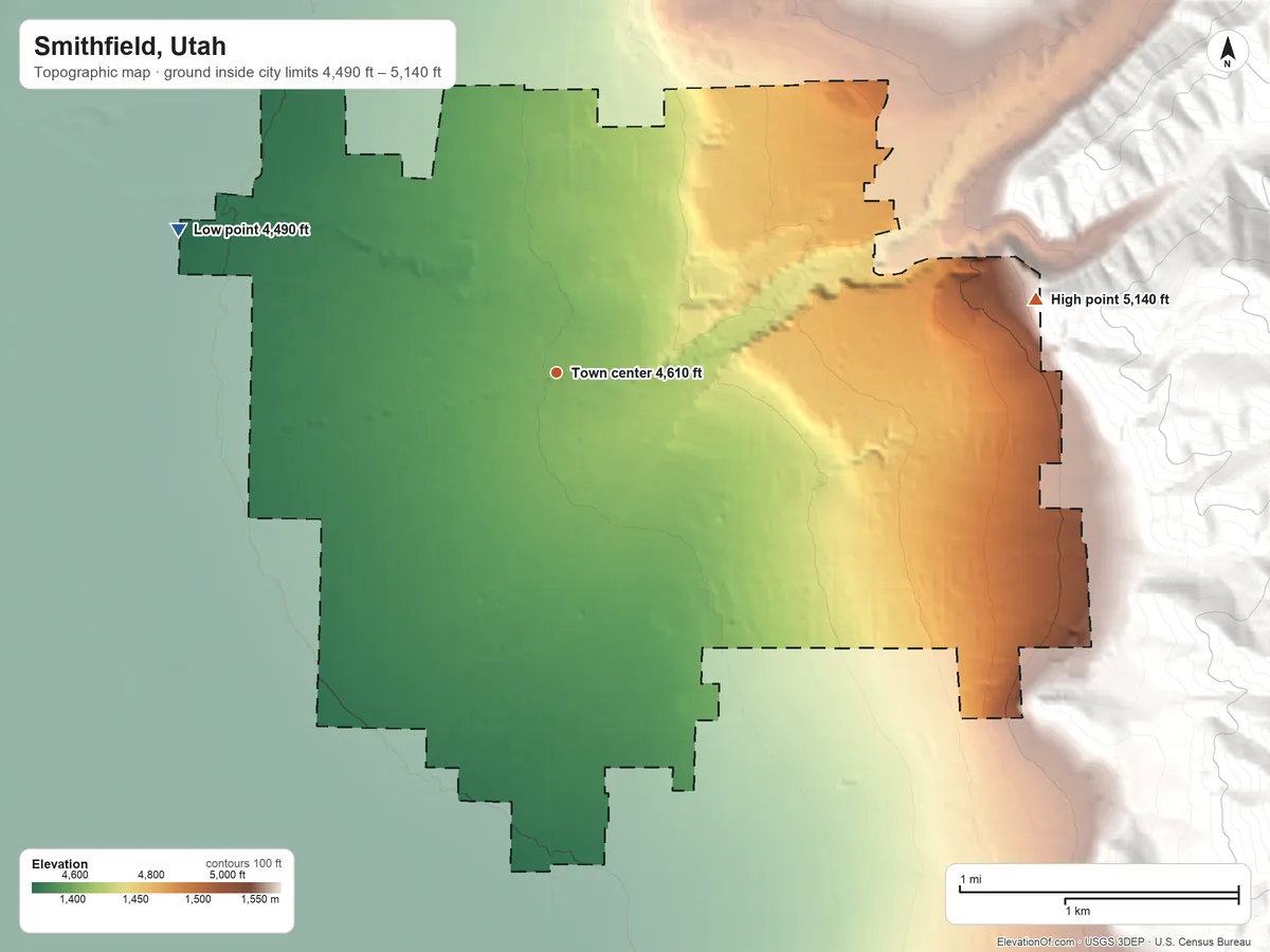 Topographic elevation map of Smithfield, Utah, shaded from 4,490 ft on the west side to 5,140 ft at the foot of the Bear River Range