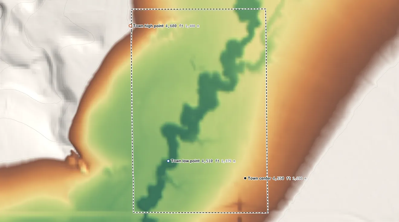 Topographic elevation map of Snowville, Utah, shaded from 4,510 ft on the west side to 4,600 ft at the foot of the Hansel Mountains