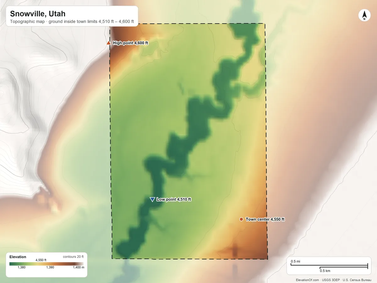 Topographic elevation map of Snowville, Utah, shaded from 4,510 ft on the west side to 4,600 ft at the foot of the Hansel Mountains