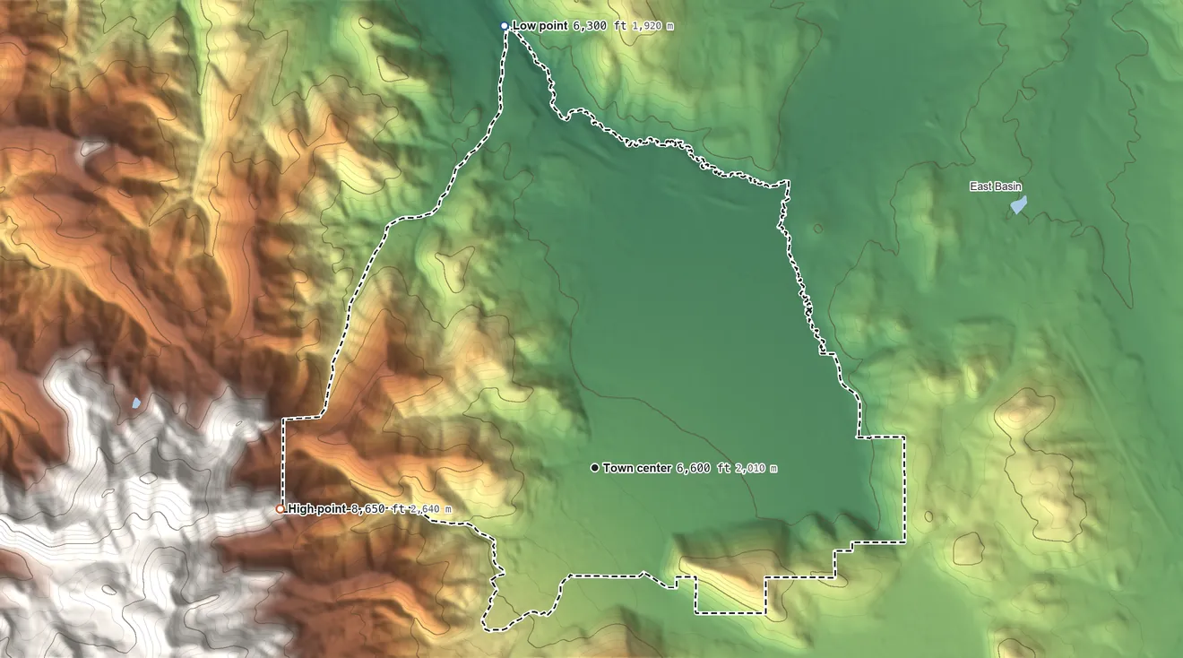 Topographic elevation map of Snyderville, Utah, shaded from 6,300 ft on the north side to 8,650 ft at the foot of the The West Hills