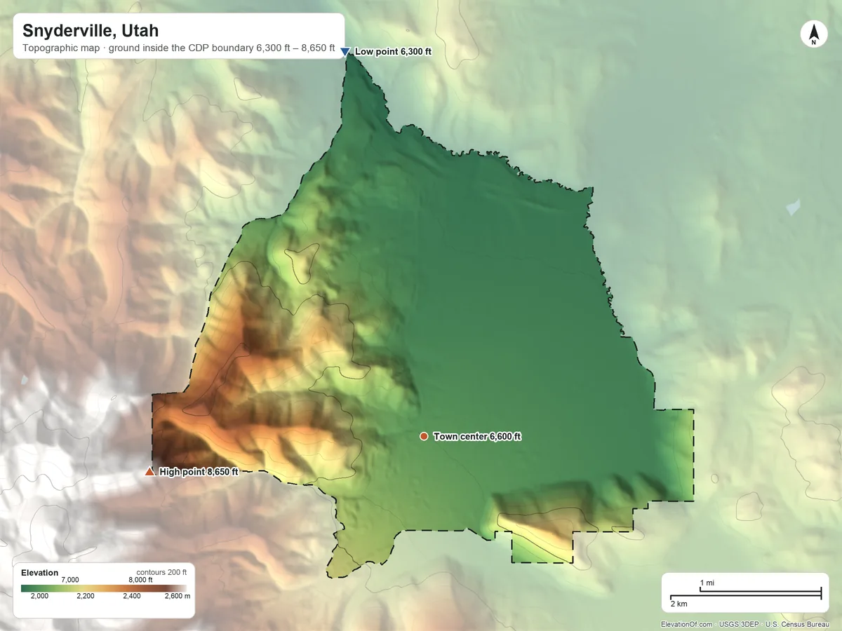 Topographic elevation map of Snyderville, Utah, shaded from 6,300 ft on the north side to 8,650 ft at the foot of the The West Hills
