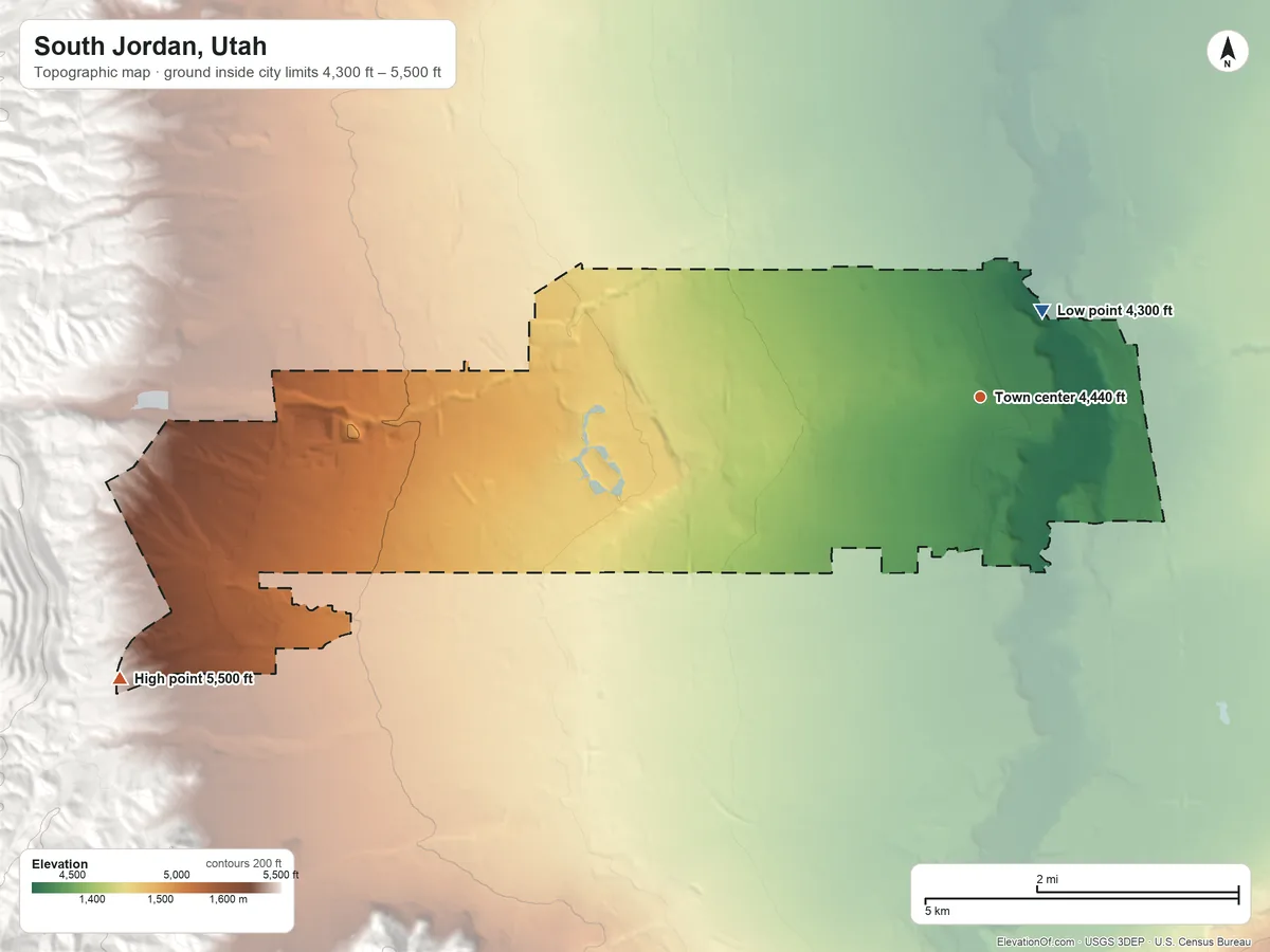 Topographic elevation map of South Jordan, Utah, shaded from 4,300 ft near the middle to 5,500 ft at the foot of the Traverse Mountains