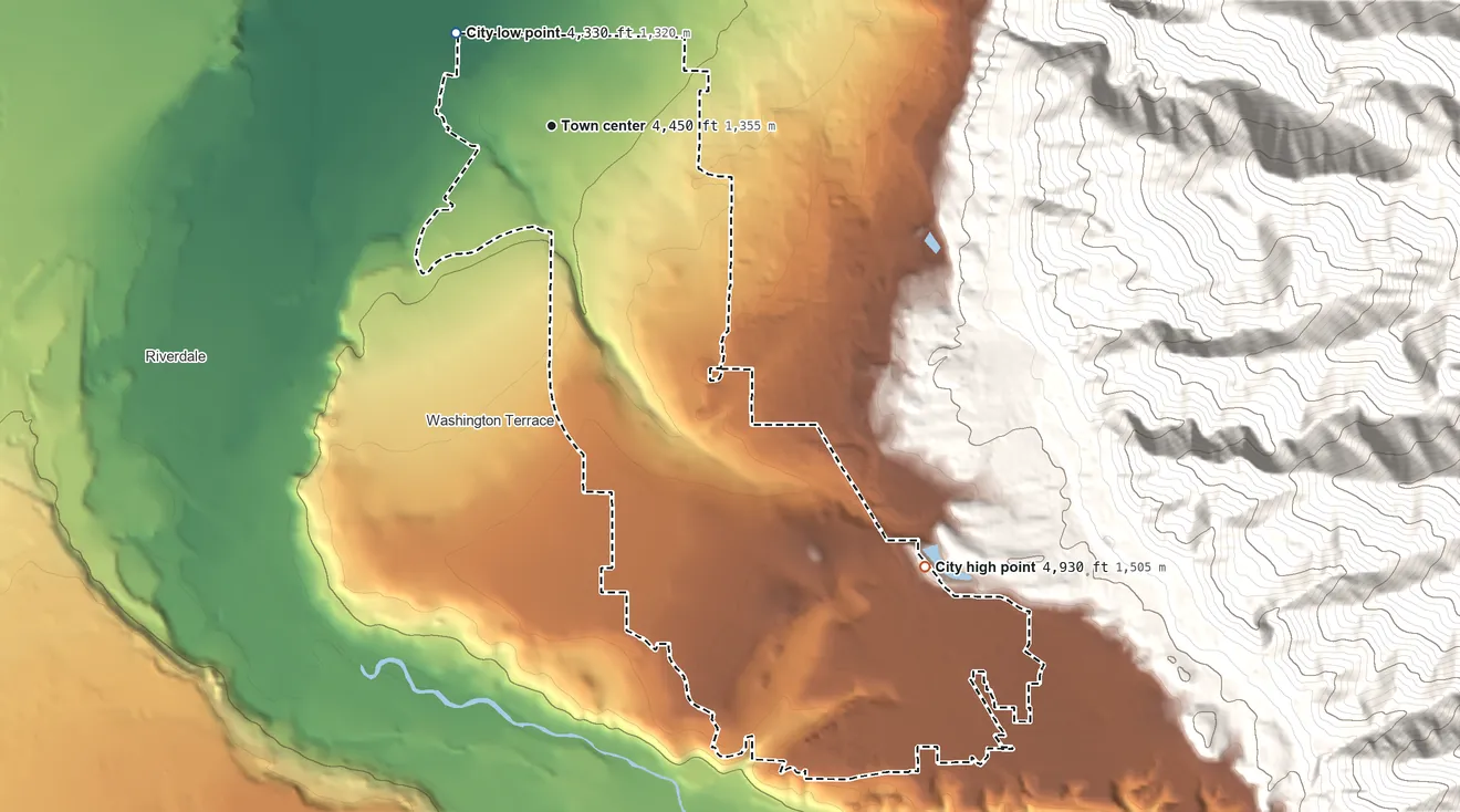 Topographic elevation map of South Ogden, Utah, shaded from 4,330 ft on the northwest side to 4,930 ft on the southeast edge, below higher ground just outside