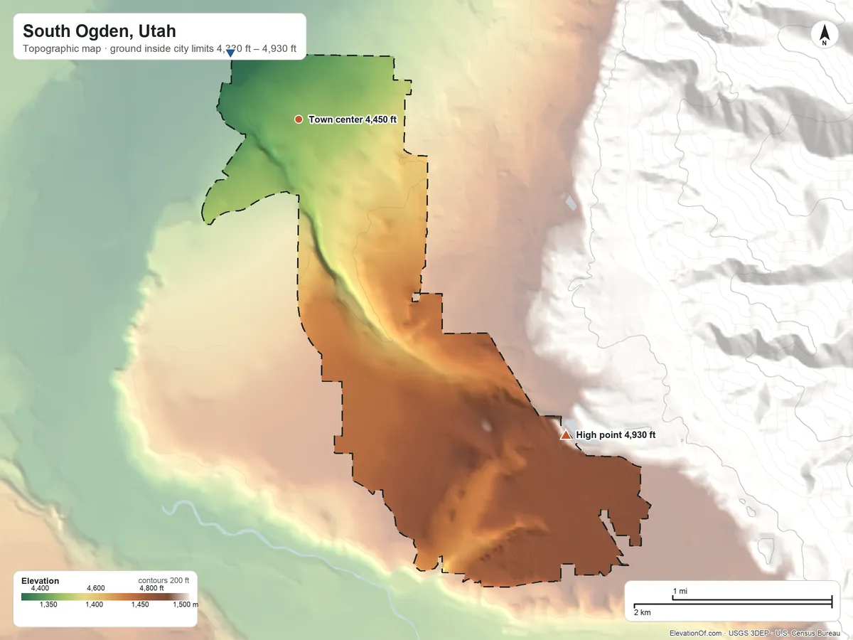 Topographic elevation map of South Ogden, Utah, shaded from 4,330 ft on the northwest side to 4,930 ft on the southeast edge, below higher ground just outside
