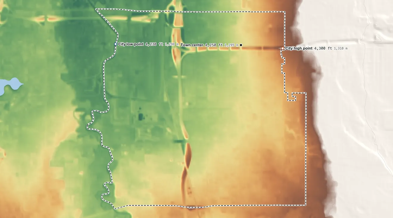 Topographic elevation map of South Salt Lake, Utah, shaded from 4,230 ft on the west side to 4,300 ft on the east side