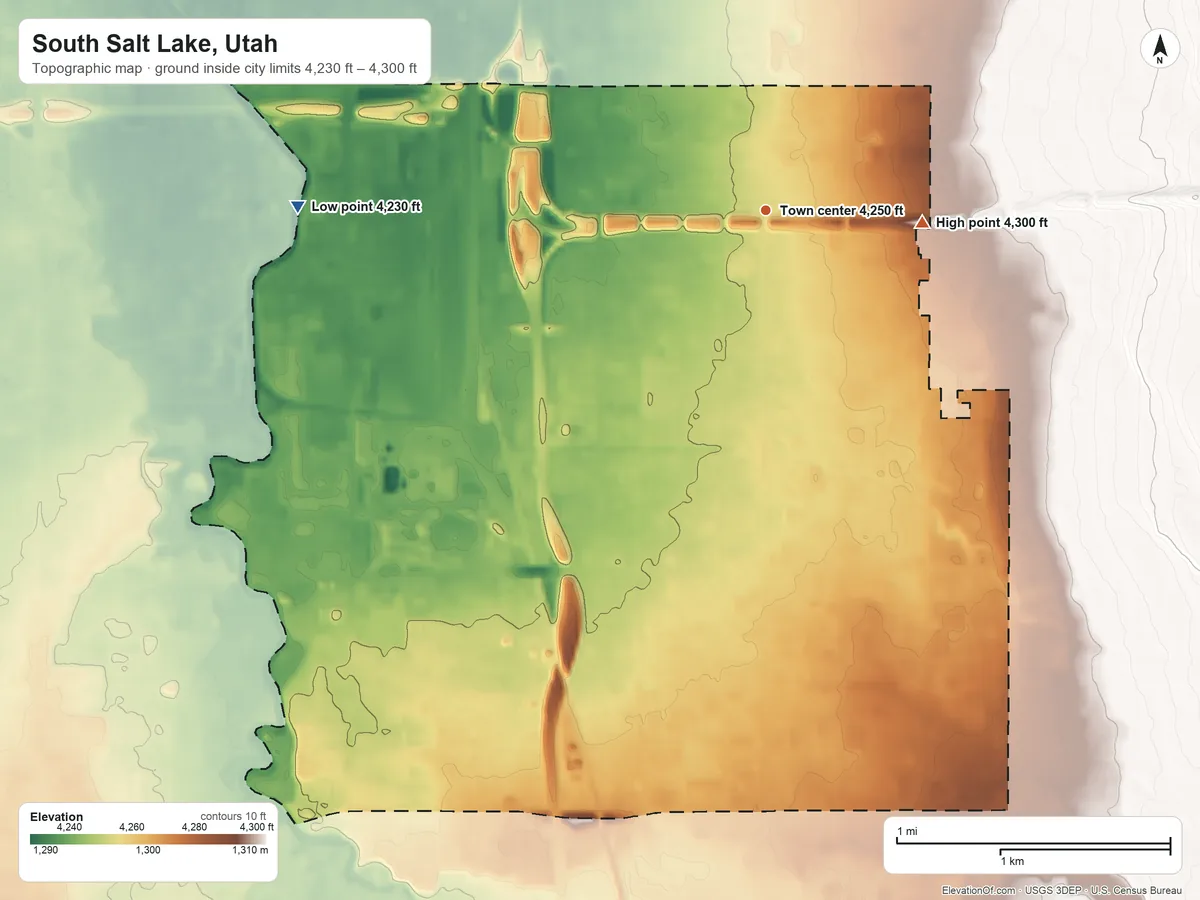 Topographic elevation map of South Salt Lake, Utah, shaded from 4,230 ft on the west side to 4,300 ft on the east side