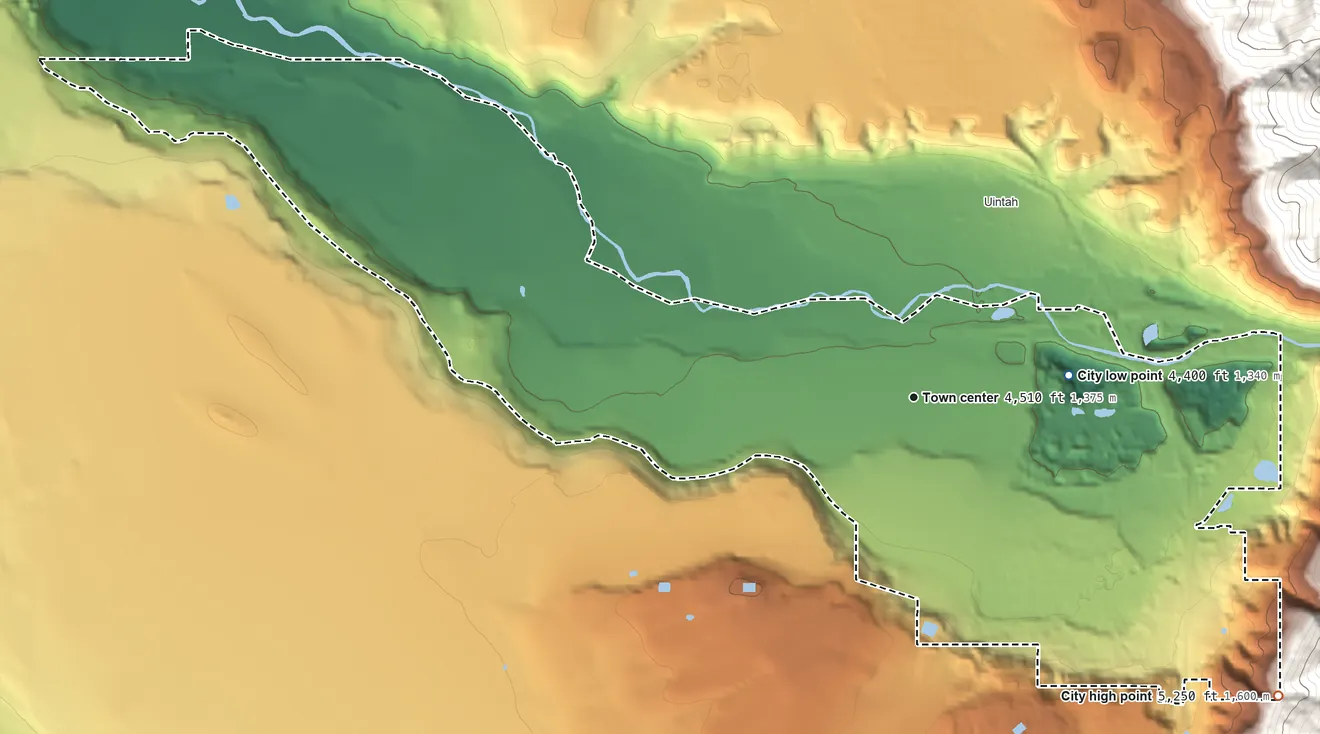 Topographic elevation map of South Weber, Utah, shaded from 4,400 ft on the east side to 5,250 ft on the southeast edge, below higher ground just outside