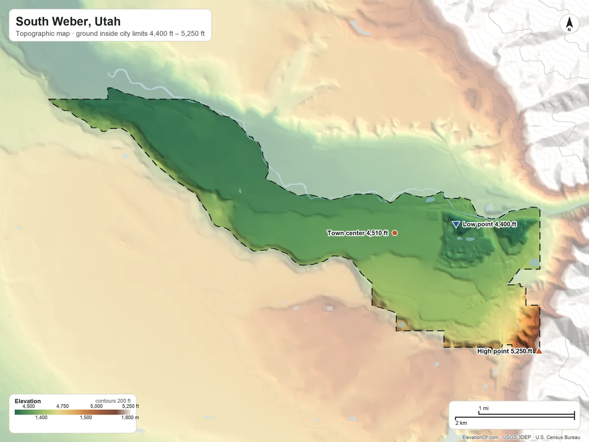 Topographic elevation map of South Weber, Utah, shaded from 4,400 ft on the east side to 5,250 ft on the southeast edge, below higher ground just outside