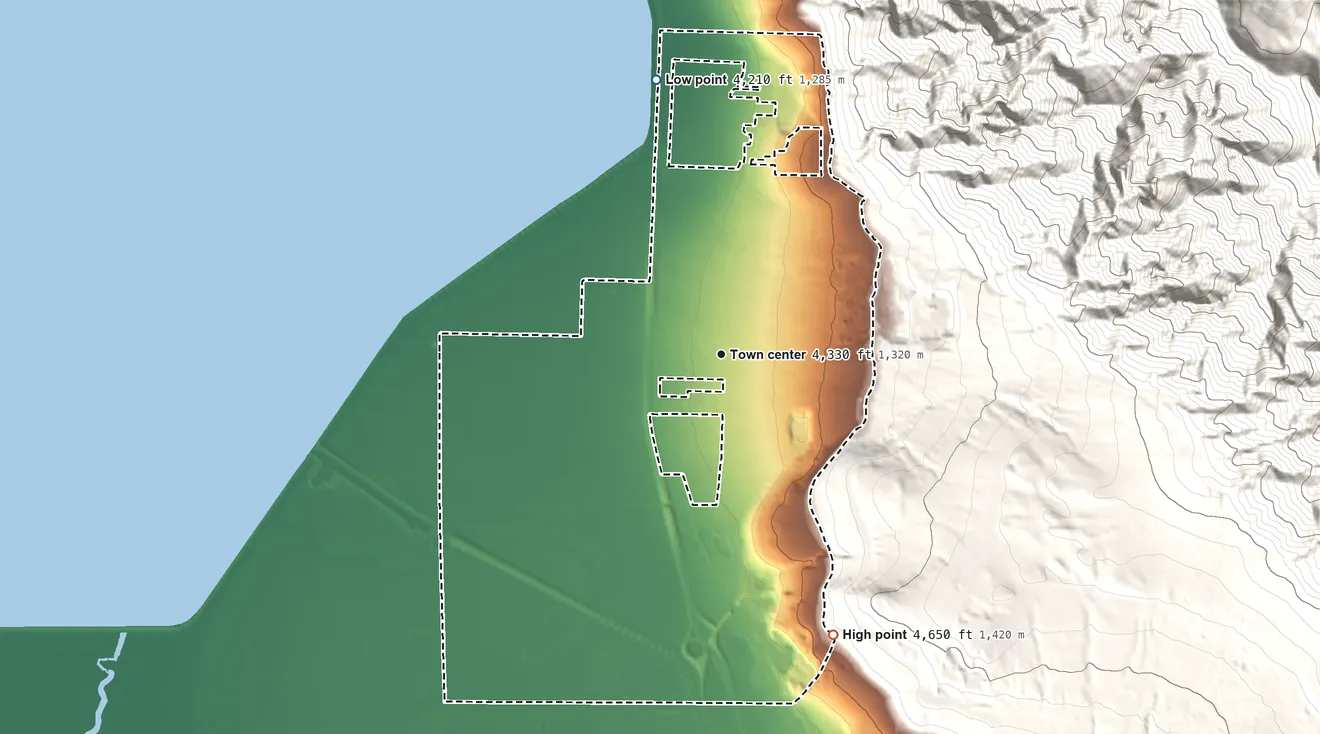 Topographic elevation map of South Willard, Utah, shaded from 4,210 ft on the north side to 4,650 ft on the south edge, below higher ground just outside