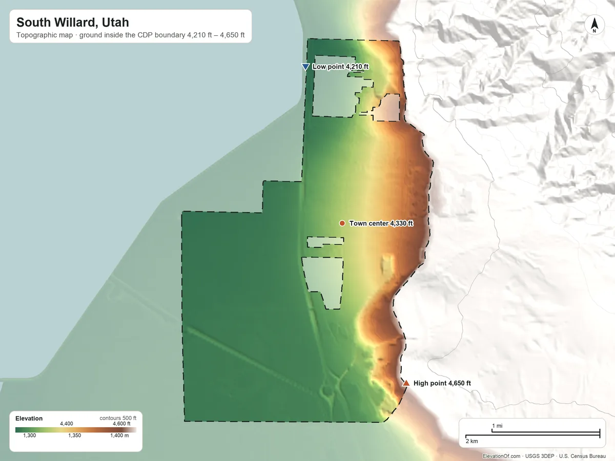 Topographic elevation map of South Willard, Utah, shaded from 4,210 ft on the north side to 4,650 ft on the south edge, below higher ground just outside