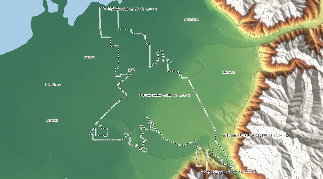 Topographic elevation map of Spanish Fork, Utah, shaded from 4,490 ft on the north side to 6,290 ft on the southeast edge, below higher ground just outside