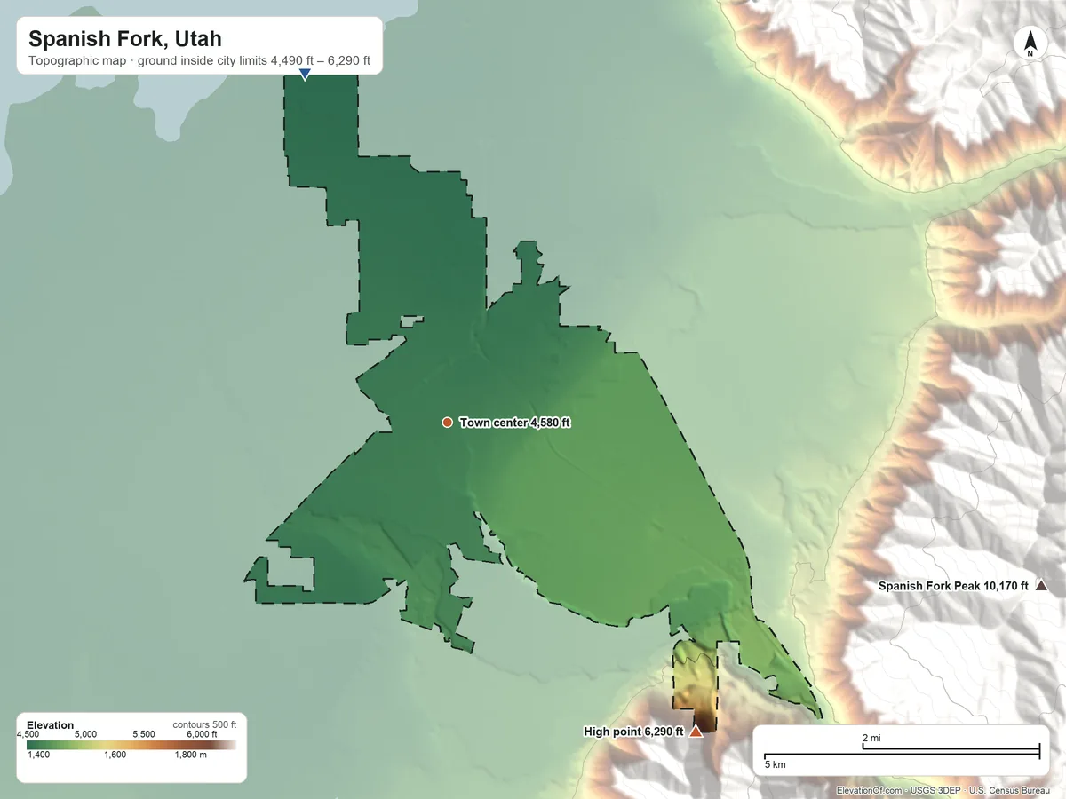 Topographic elevation map of Spanish Fork, Utah, shaded from 4,490 ft on the north side to 6,290 ft on the southeast edge, below higher ground just outside
