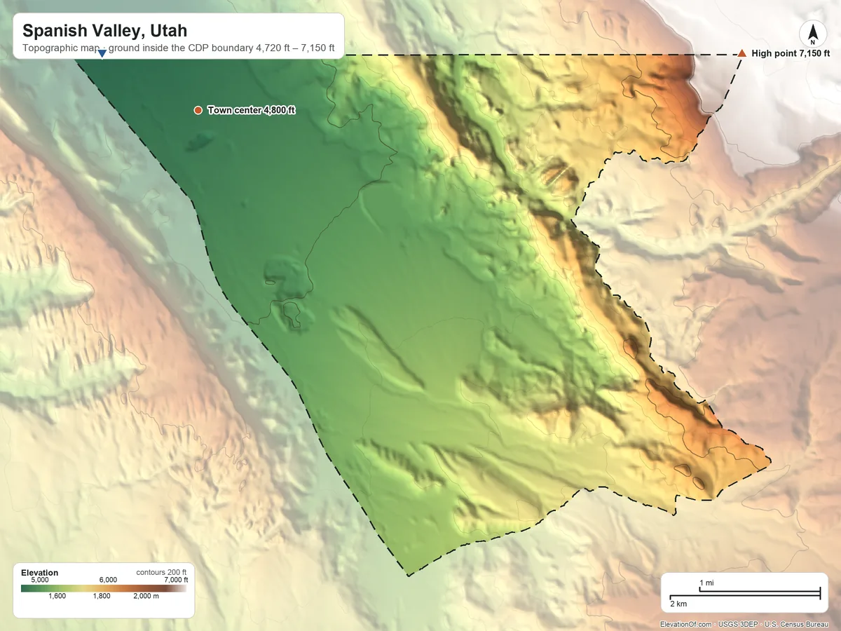 Topographic elevation map of Spanish Valley, Utah, shaded from 4,720 ft on the northwest side to 7,150 ft at the foot of the La Sal Mountains