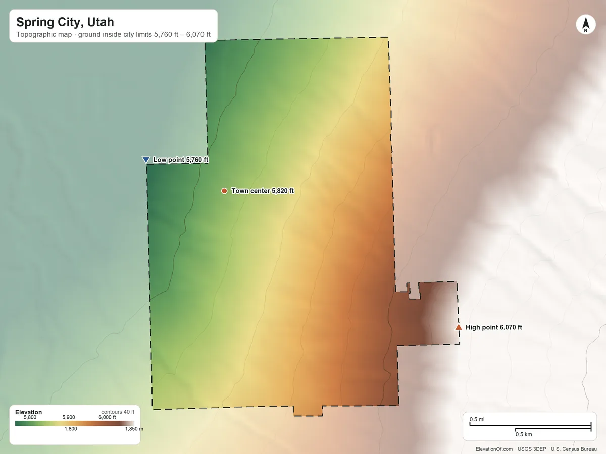 Topographic elevation map of Spring City, Utah, shaded from 5,760 ft on the west side to 6,070 ft on the southeast edge, below higher ground just outside