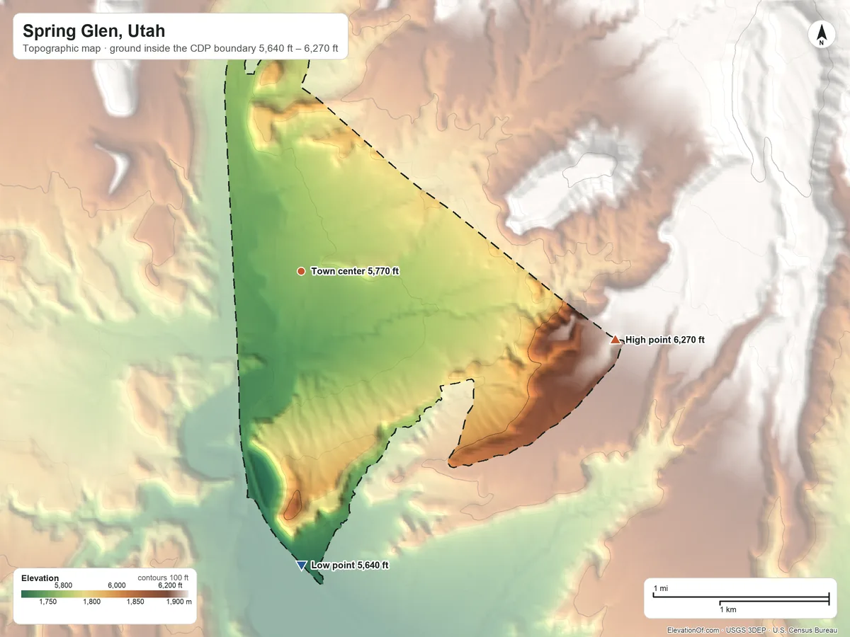 Topographic elevation map of Spring Glen, Utah, shaded from 5,640 ft on the south side to 6,270 ft on the east edge, below higher ground just outside