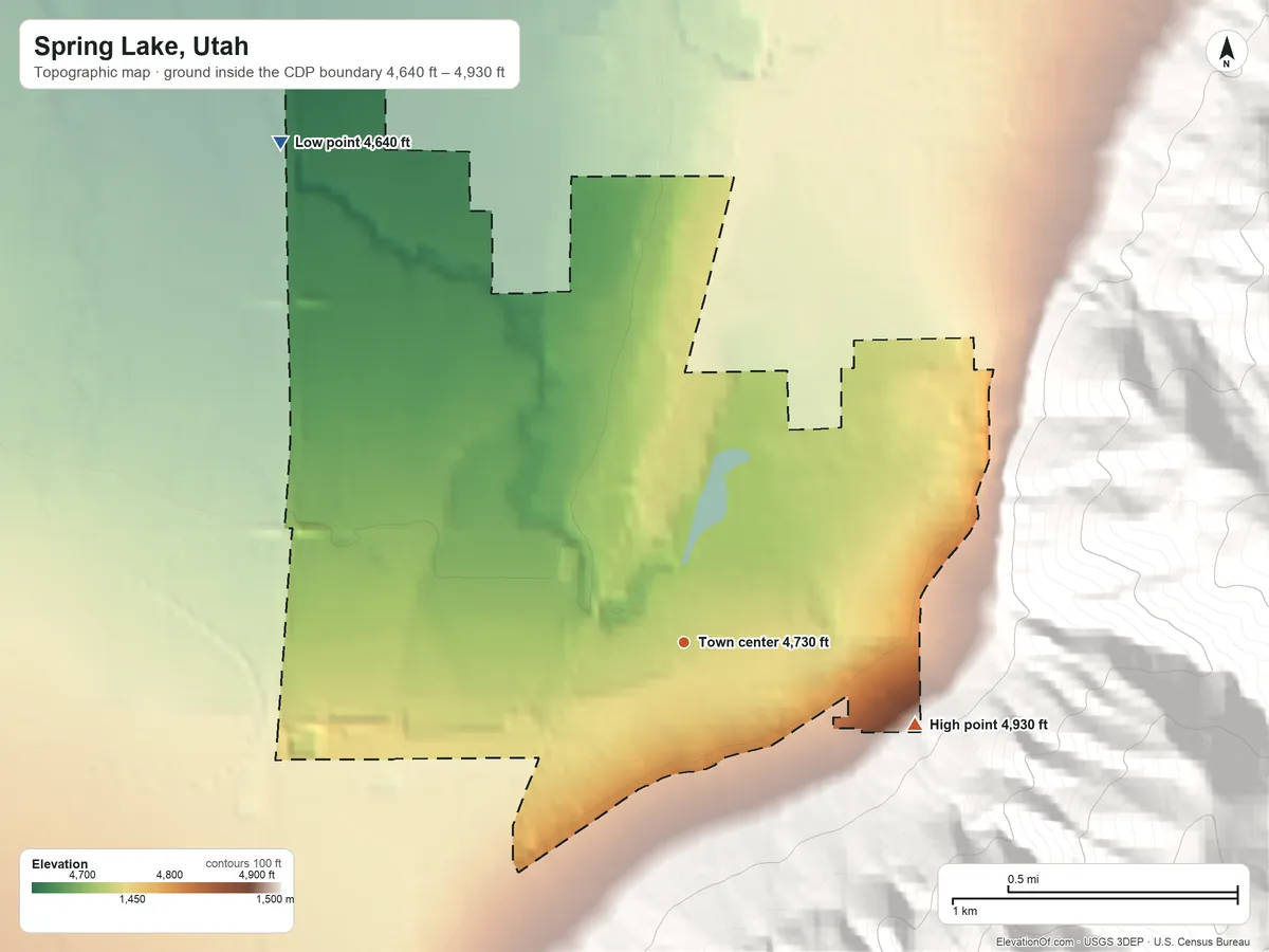 Topographic elevation map of Spring Lake, Utah, shaded from 4,640 ft on the northwest side to 4,930 ft at the foot of the Wasatch Range