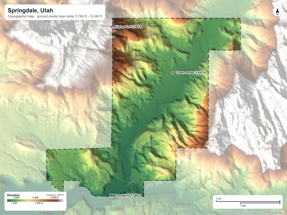 Topographic elevation map of Springdale, Utah, shaded from 3,760 ft on the southwest side to 5,240 ft on the northwest edge, below higher ground just outside