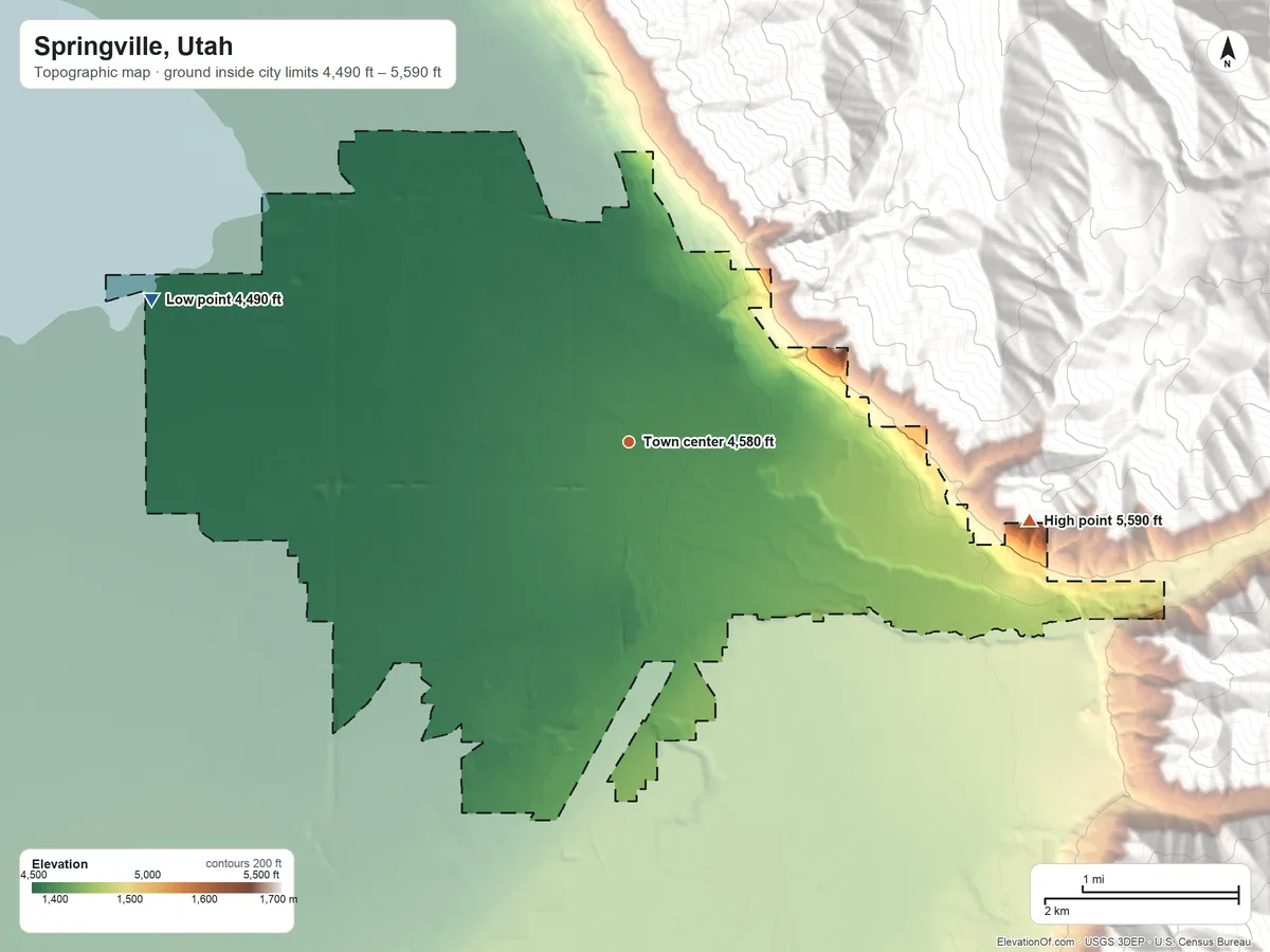 Topographic elevation map of Springville, Utah, shaded from 4,490 ft on the west side to 5,590 ft on the east edge, below higher ground just outside