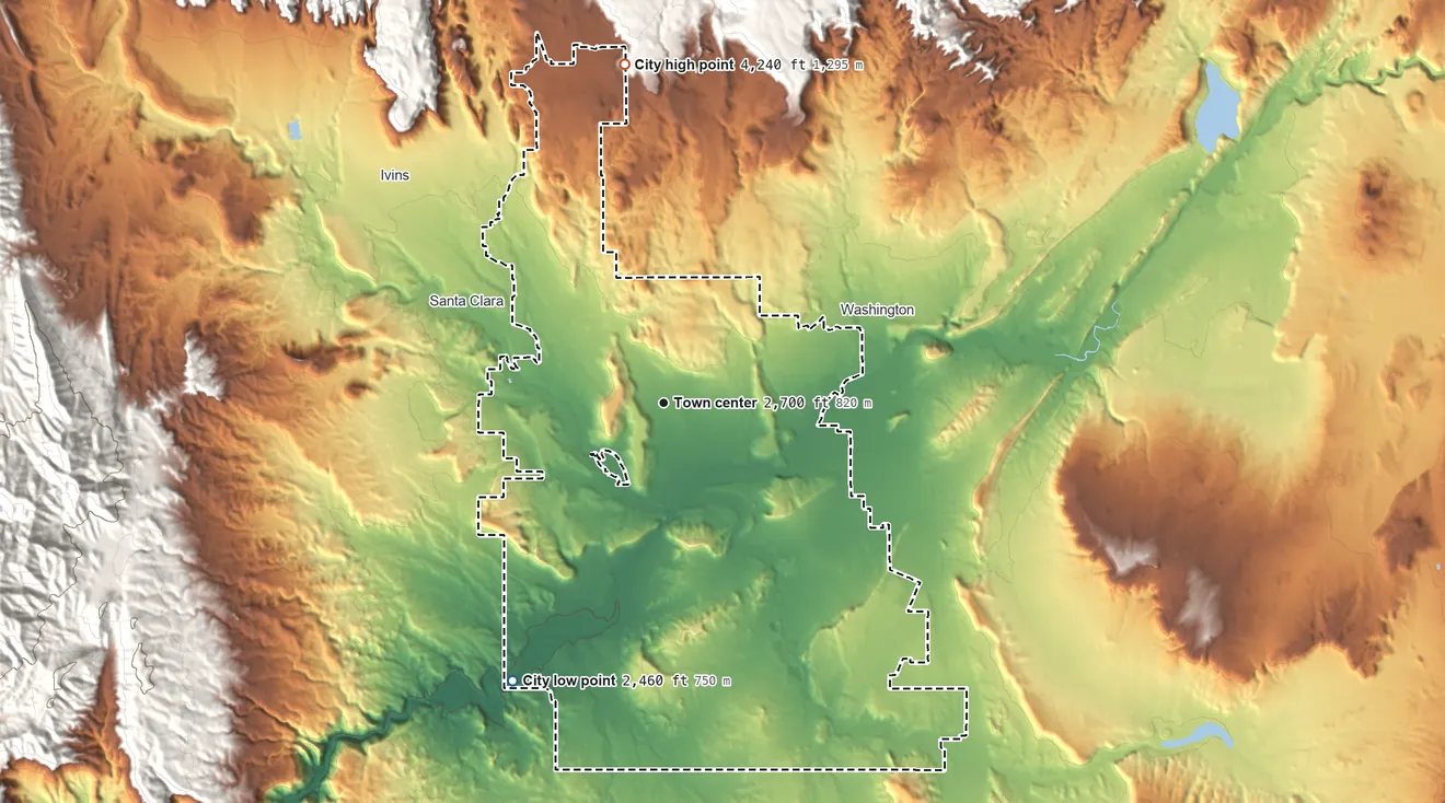 Topographic elevation map of St. George, Utah, shaded from 2,460 ft on the southwest side to 4,240 ft at the foot of the Red Mountains
