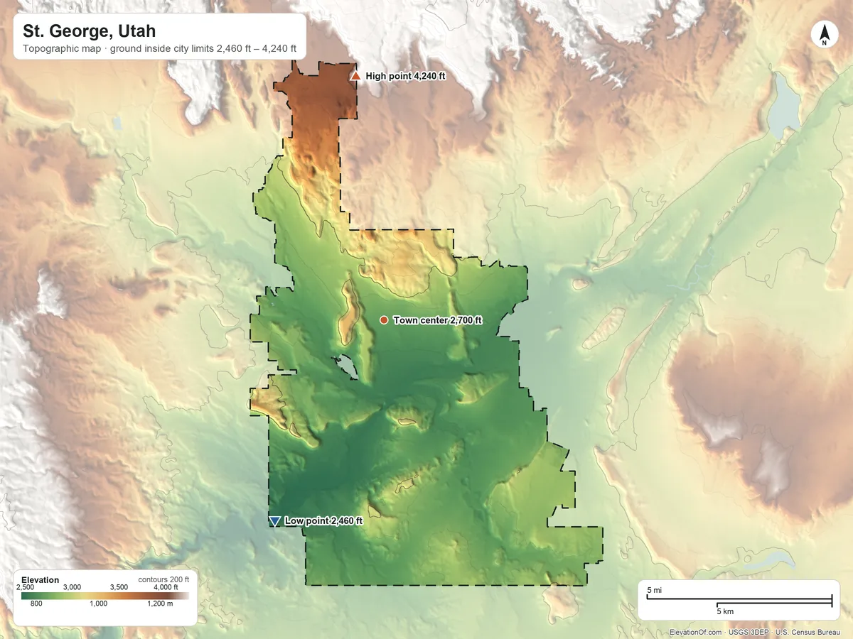 Topographic elevation map of St. George, Utah, shaded from 2,460 ft on the southwest side to 4,240 ft at the foot of the Red Mountains