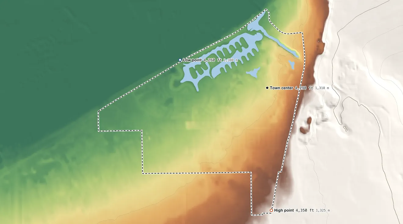 Topographic elevation map of Stansbury Park, Utah, shaded from 4,260 ft on the west side to 4,350 ft on the south edge, below higher ground just outside