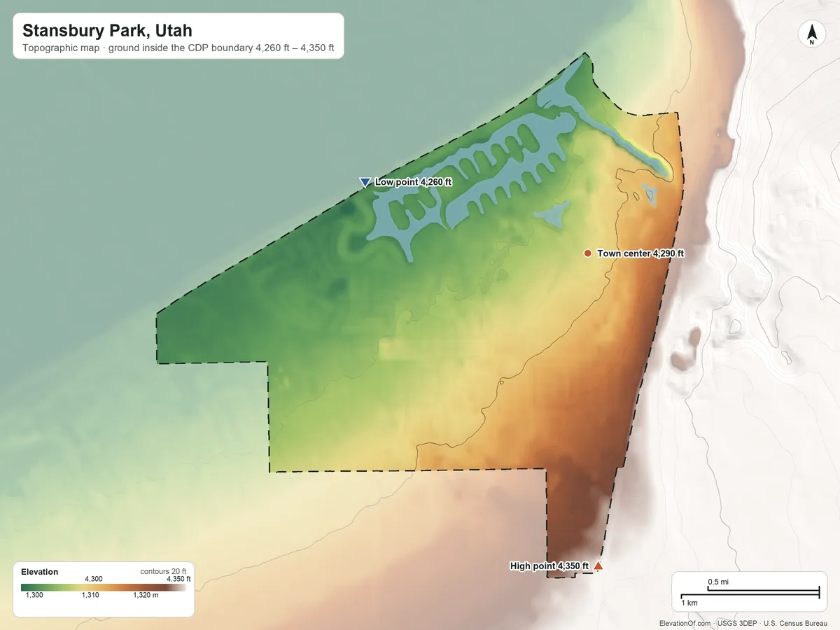 Topographic elevation map of Stansbury Park, Utah, shaded from 4,260 ft on the west side to 4,350 ft on the south edge, below higher ground just outside